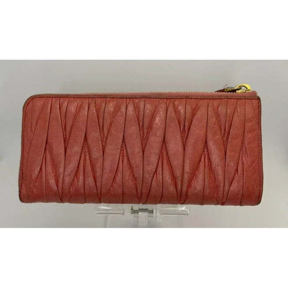 Authentic MIU MIU Logo Gather Leather Zip Around Long Wallet Pink/111